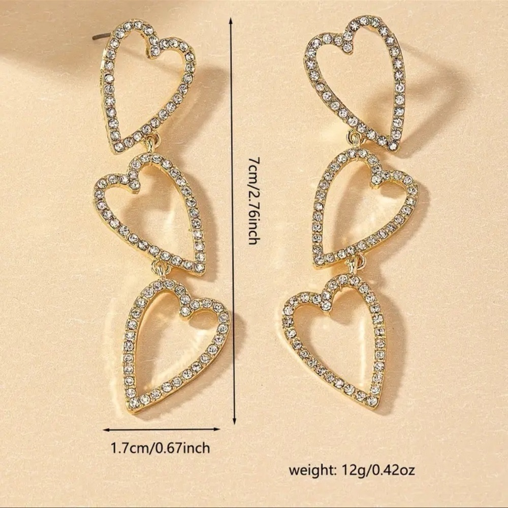 Gold Rhinestone Heart Trio Dangle Drop Earrings NWT - Picture 7 of 7